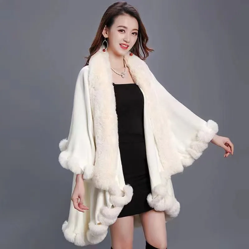 Women Oversize Thick Knit Faux Fur Shawl Colored Round Shape Warm Winter Pink White Plain Knitted Poncho Cape Blanket