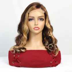 Highlight Short Bob Wigs Body Weave Human Hair Wigs Remy 4x4 Transparent Lace Front Ombre Honey Brown Color Wigs For Women