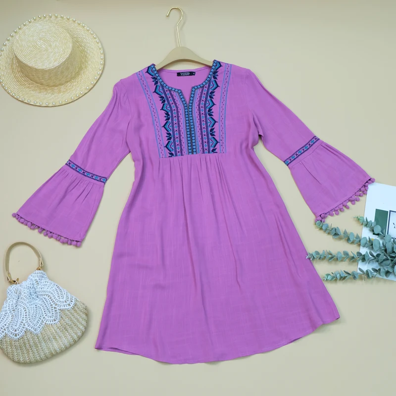 Wholesale Women White Embroider Linen Fabric Casual Flare Long Sleeve Dress With Tassel