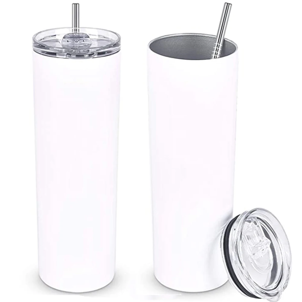 Leak proof economic stock wholesale slim glitter sublimation stainless steel 20oz skinny tumbler with straw and lid