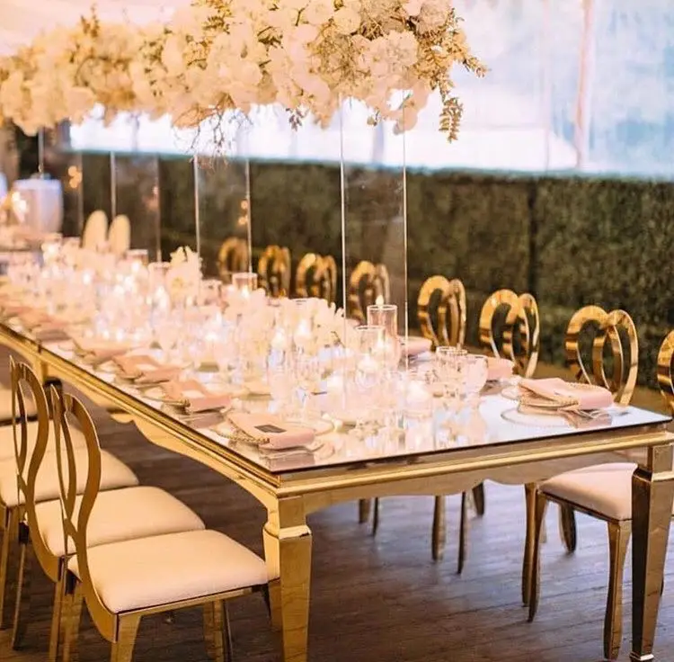 Customized modern outdoor furniture gold stainless steel rectangular long dining table for wedding