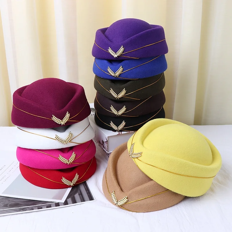 FREE SHIPPING AIR PLANE FLIGHT 100 wool cashmere fuzzy stewardess etiquette hostess attendant career beret cap hat for women