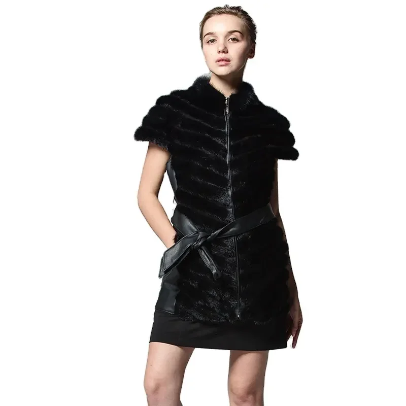 MWFur Winter Street Fashion Female Fur Coat Fur Sleeveless For Women In Winter Women Vest Mink Fur Vest With Belted Winter
