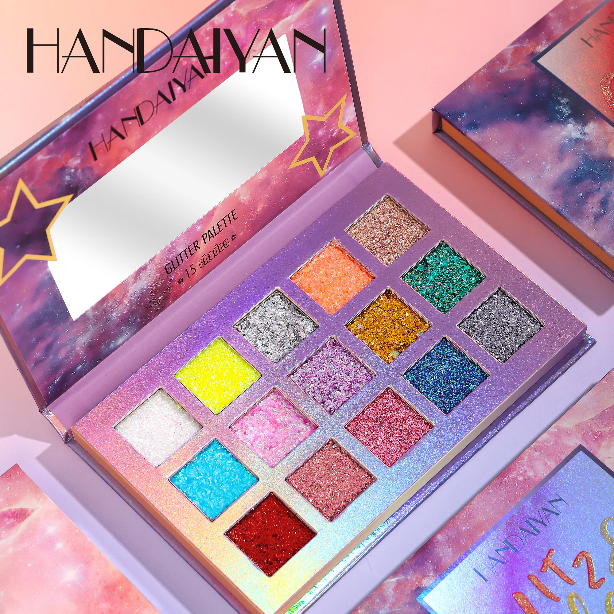 HANDAIYAN New Design Brilliant Big glitter Eyeshadow Palette  Vegan Built-in Mirror Stage Makeup Cosmetics