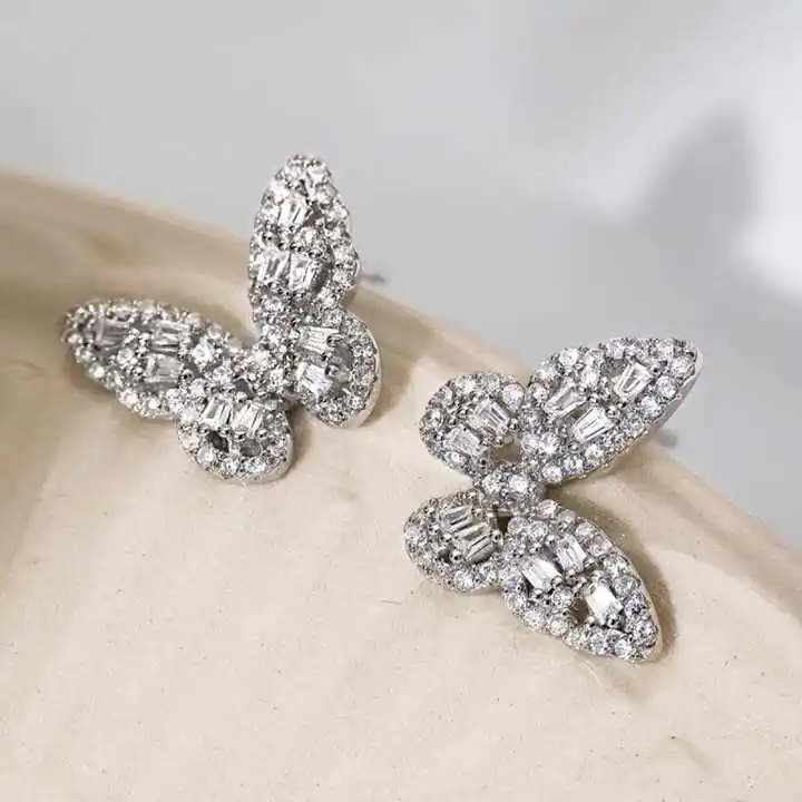 Wholesale Price 18k Gold Plated 925 Silver 5A Zircon Butterfly Earrings Silver Needle Allergy Free Fine Jewelry Women