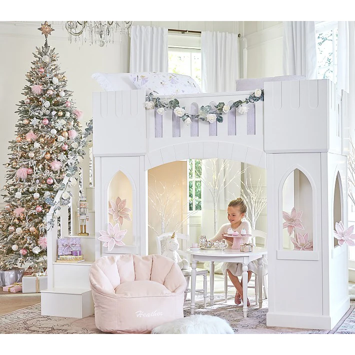 Sampokingdom Factory price pretty girl queen  princess house Children Castle wood bed  with storage drawers in sleeping room