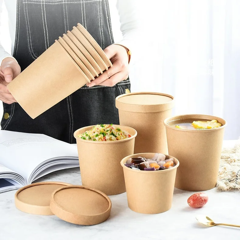 
Cheap Price Disposable Food Grade Different Sizes Kraft Paper Bowl with Paper Lid for Soup Salad Instant Noodles 