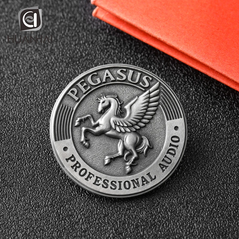 custom antique silver embossed 3D logo horse pin brooch