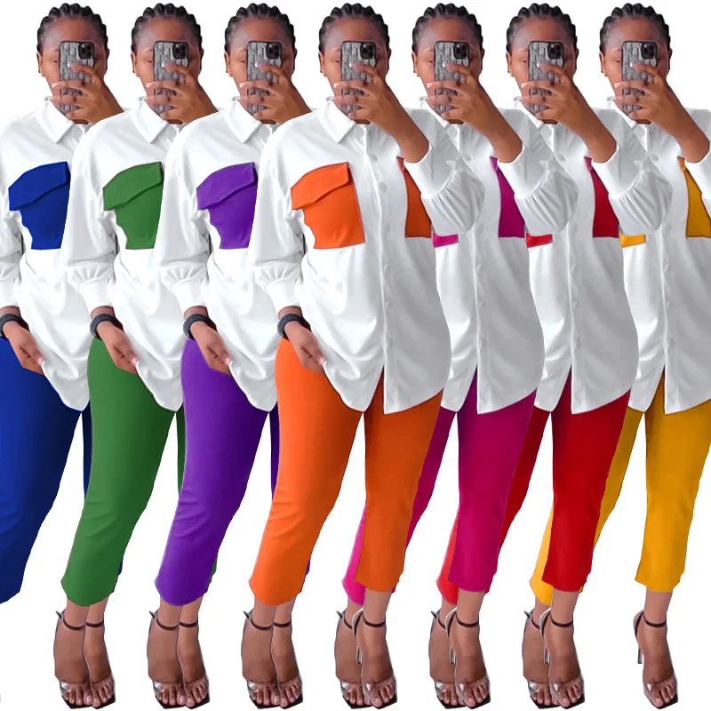 2022 Women fall 2 piece sets casual blazer suits women long sleeve shirt pencil pants two piece pants set