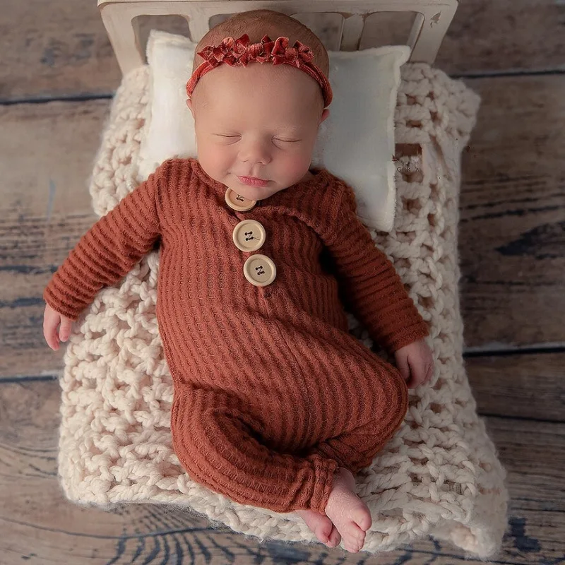 Hot Infant Baby Photo Shoot Waffle Cotton Knit Rompers Outfits Costume Newborn Photography Props Jumpduit Clothing