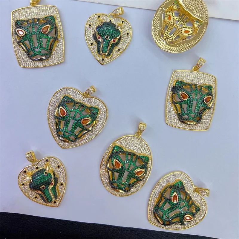 New design hip hop jewelry 18k gold plated green cubic zirconia tiger panther heard CZ pendants for jewelry making
