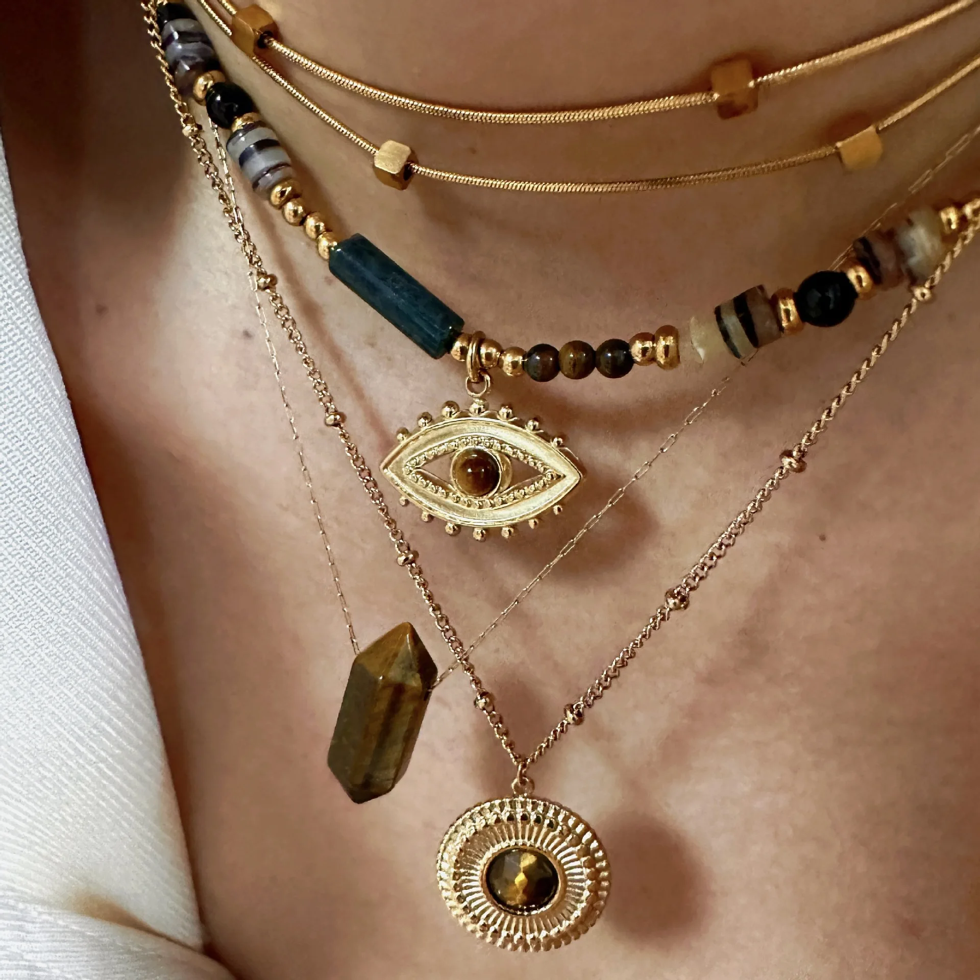 Summer Jewelry For Women 2024 Vintage Tiger Eye Natural Stone Stainless Steel 14k Gold Anti Tarnish Jewelry Necklace Wholesale