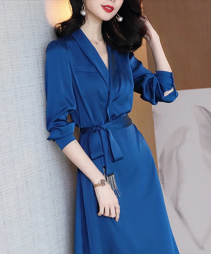 Factory Hot Sale Silk-like Long Sleeve Blazer Dress 2021 Ladies V Neck Satin A Line Notched Collar Office