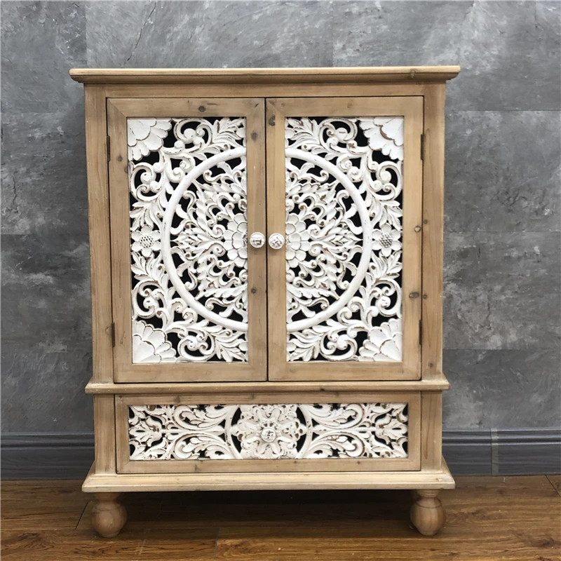 Vintage washed white carved cabinet home storage furniture antique wooden cabinet