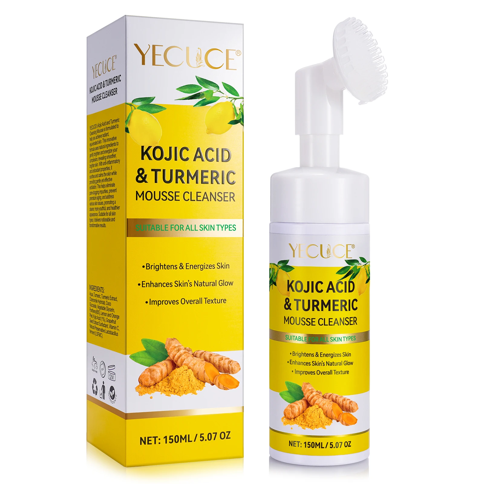 Private Label Face Wash Acne Pimple Dark Spot Removal Deep Cleaning Facial Whitening Kojic Acid Turmeric Facial Cleanser Mousse