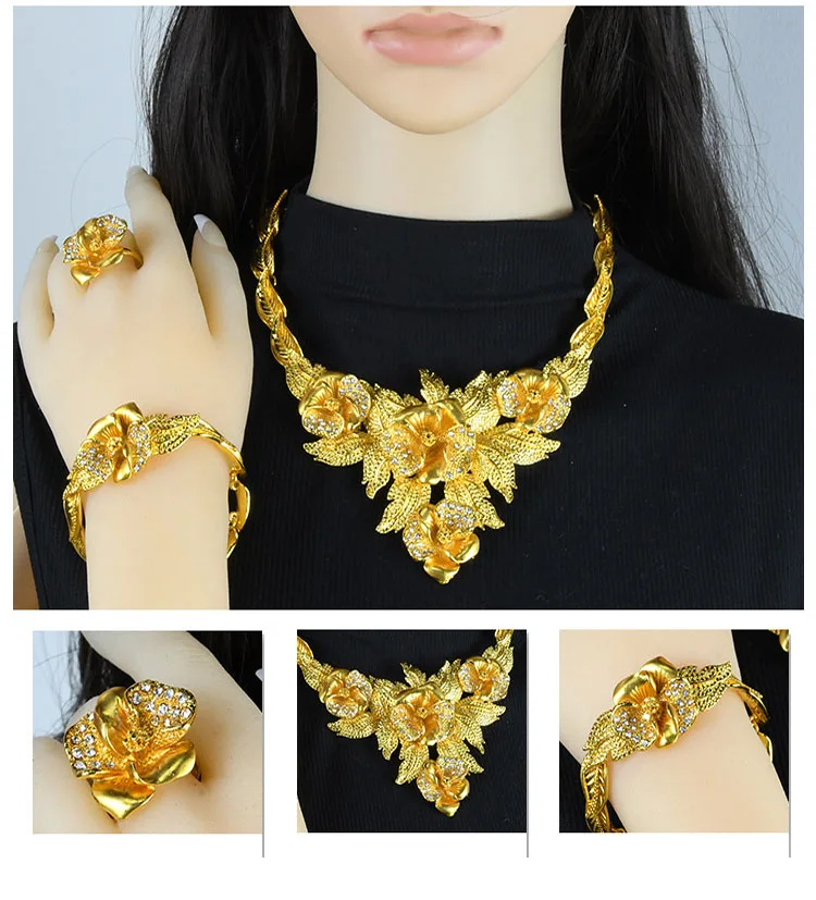 In Stock Small MOQ Wholesale 24K Gold Plated Dubai Jewelry Set Wedding Bridal Flower Jewelry 2022