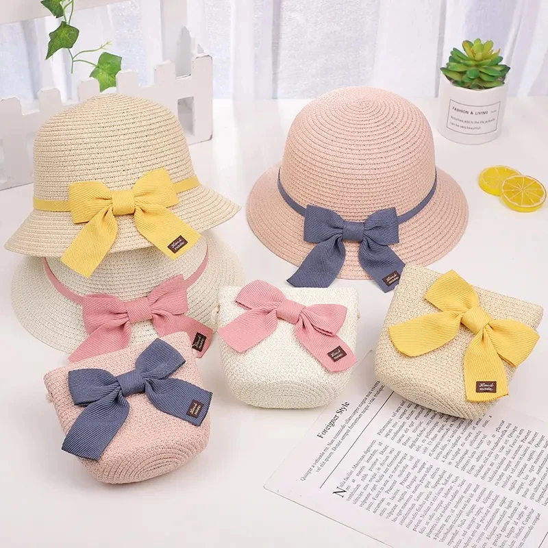 Adult Kids Summer Wide Brim Floppy Beach Sun Visor Hat with Bow Baby Straw Hat and Bag Birthday Gift for Girls Ladies