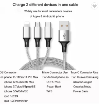 
Nylon Braided Multiple heads Cheap USB Cable Mobile Phone Charger 3 in 1 USB Cable with 3 heads 