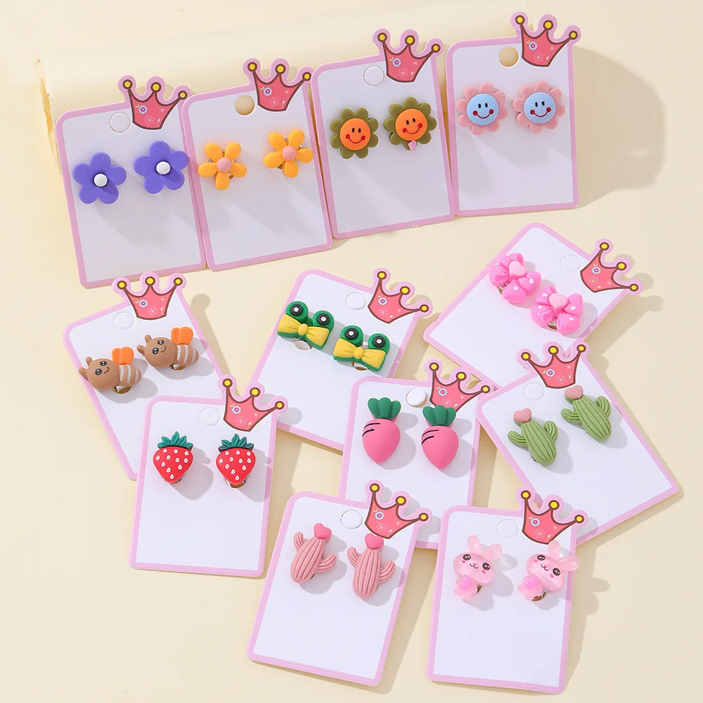 Cute Cartoon Candy ColorCartoon Earrings Fashionable Simple Ear Clip Without Ear Hole Cactus Flower Soft Clay Earrings  for Girl