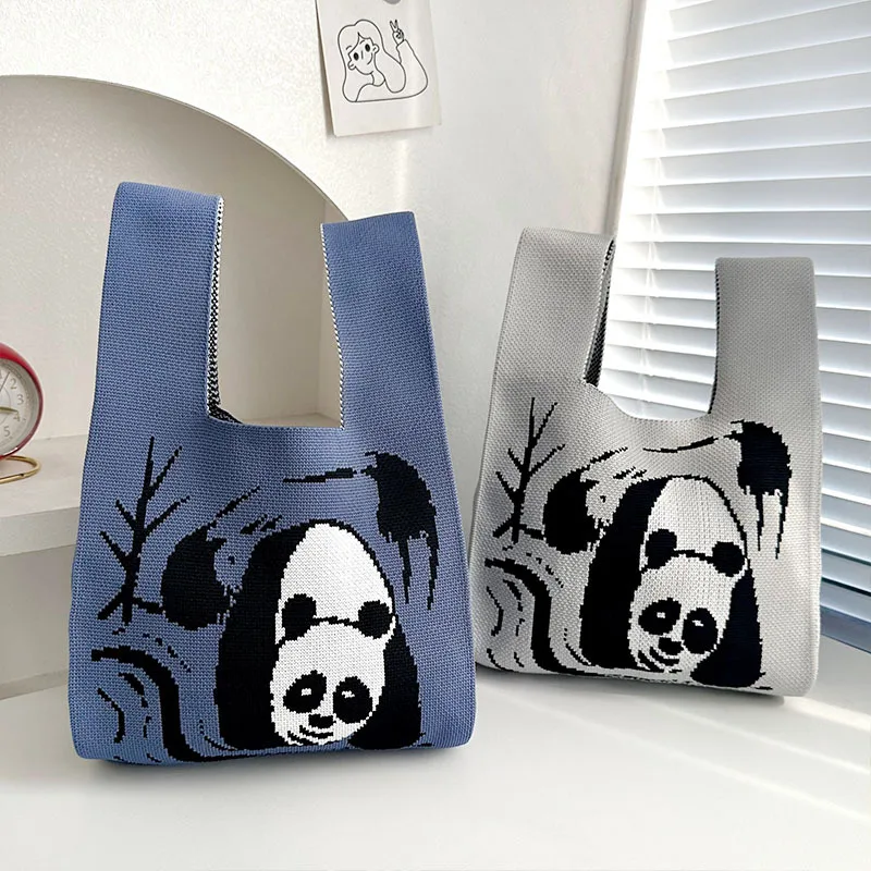 Retro Contrast Color Handheld Knitted Bag Wrist Bag Korean Style Small Hand Bag Versatile Panda Pattern Handbag for Women
