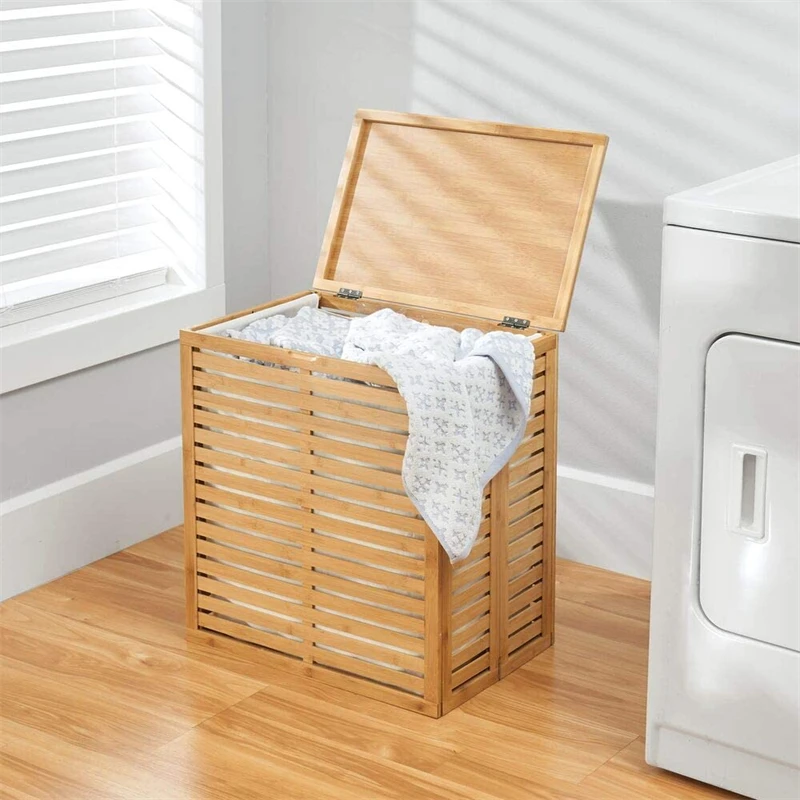 New Design Bathroom Storage Organizer Natural Bamboo Wood Laundry Basket with Lid