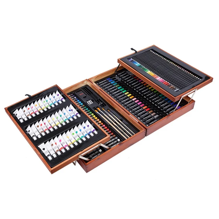 174 Pieces Painting Set Double Wooden Box Watercolour Pencils Art Set Supplies Doodle Wooden Box Art Set