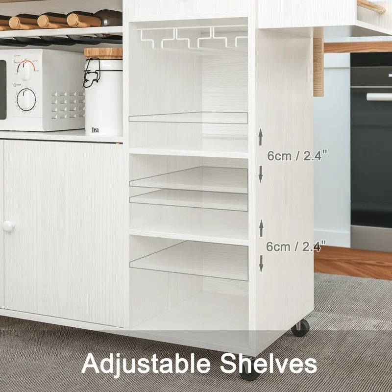 Sunrise Rolling Kitchen Island Cart with Drop-Leaf and Wine Rack, Microwave Rack Serving Cart on Wheels with Drawer& Cup Hanging