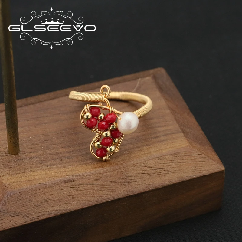 Natural Freshwater Pearl Love Adjustable Red Glass Ring   Wire Wrapped  Gifts for Girlfriend Couple Gold Plated Ring Jewelry
