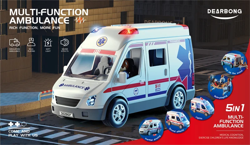 Simulation ambulance plastic car model and building block doll can open the door and light and sound