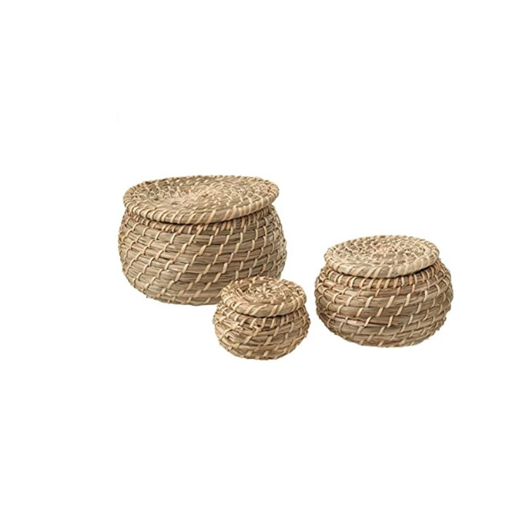 Set of 3 practical beautiful durable handmade seagrass box with lid baskets decorative