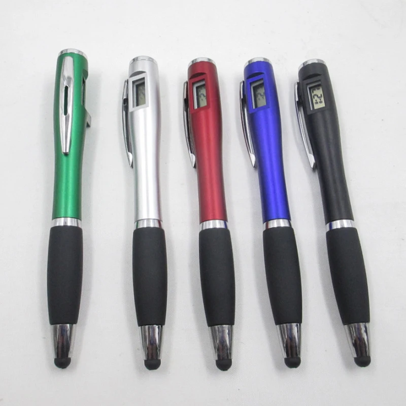 Creative design cheap plastic promotional ballpoint pen with watch, digital clock pen