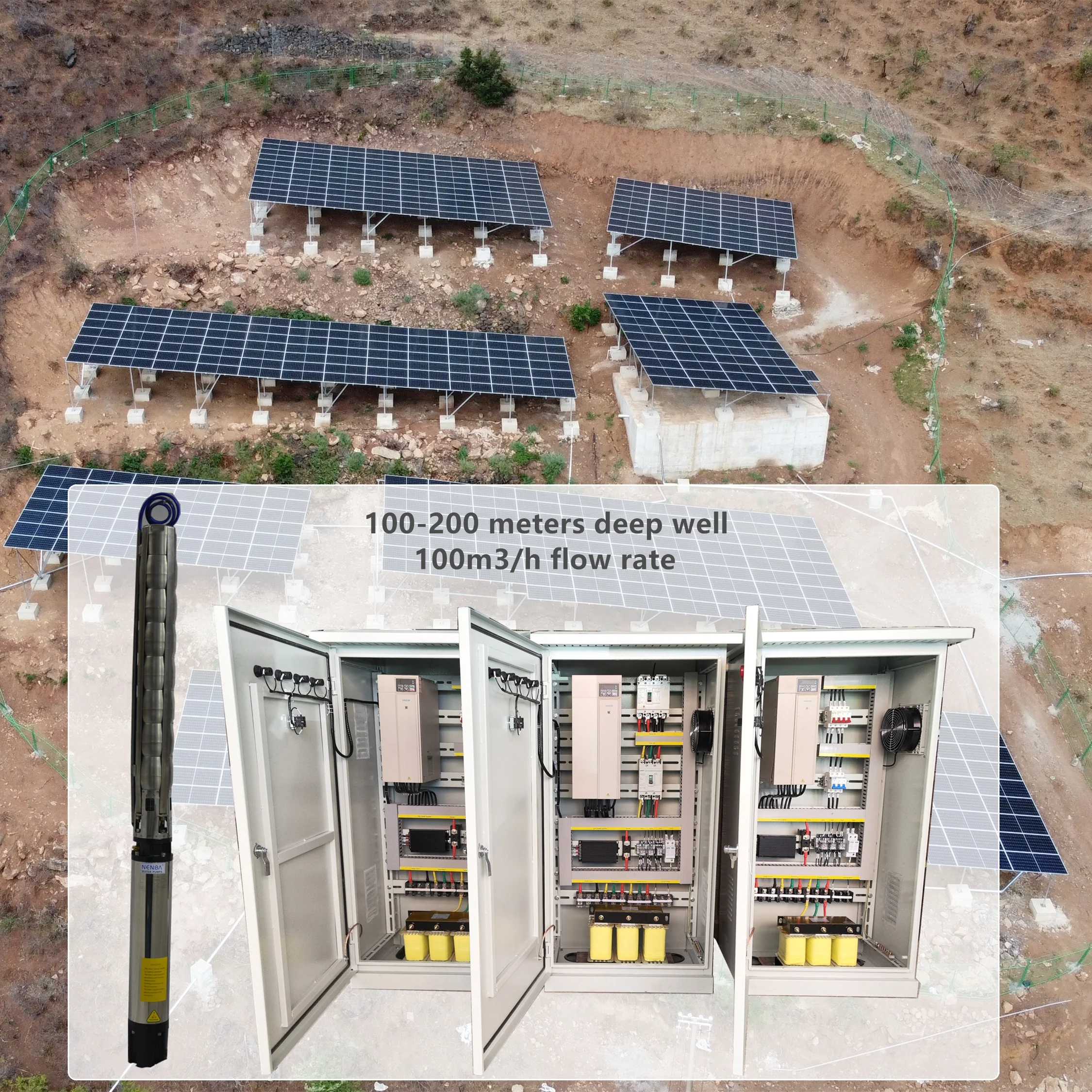 Renewable Energy Solar Applications Borehole Deep Well Water Pump 100-200m 100HP Solar Pump System for Irrigation
