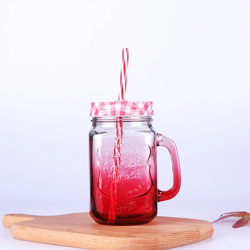 Factory direct sale square mason cup drinking glasses with handle and lid 16 oz beer mug juice cup for gift