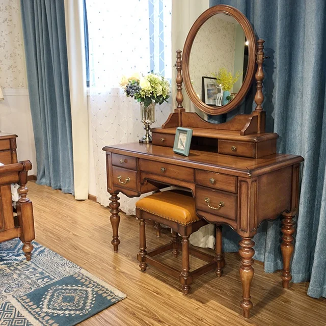luxury solid wood makeup vanity dressing table with mirror brown for bedroom