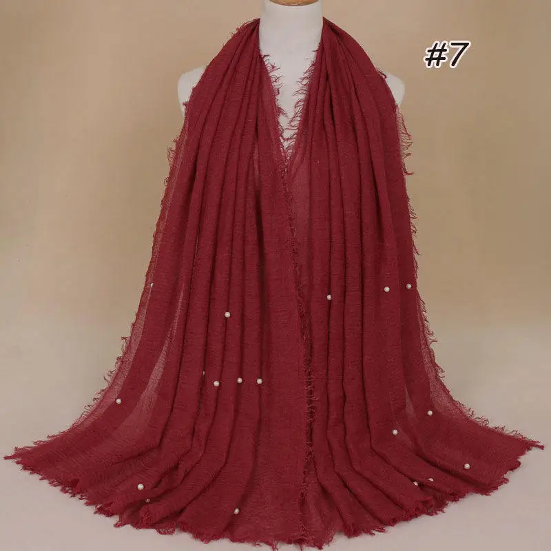 Yomo Pure Color High Quality Cotton Yarn Pearl Accessories Headscarf Cotton Linen Crumpled Monochrome Scarf Women Hijabs