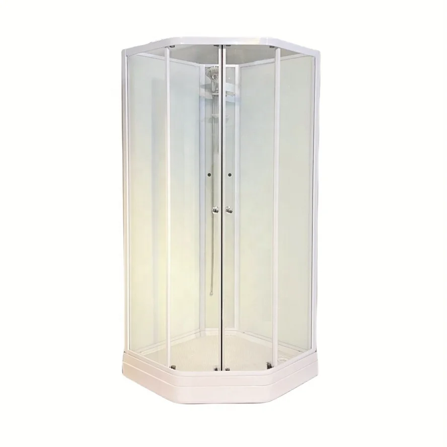 Oumeiga corner emtry tempered glass mobile shower rooms white profile complete pentagon shower cubicles with tray