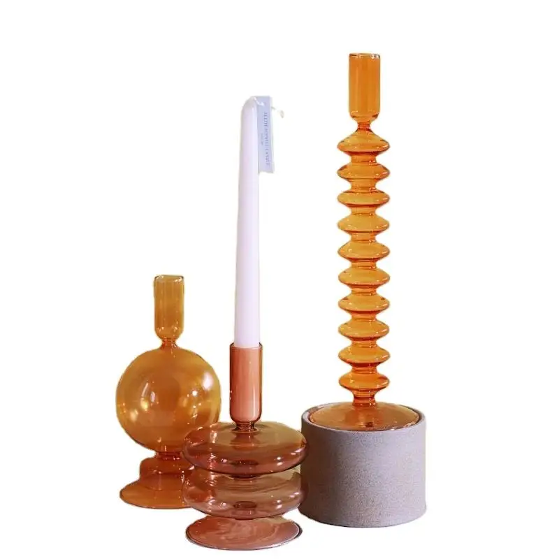 New Arrival Long Stem Amber Colored Glass Tealight Candle Holder for Wedding Event Home Christmas Holiday Table Decoration