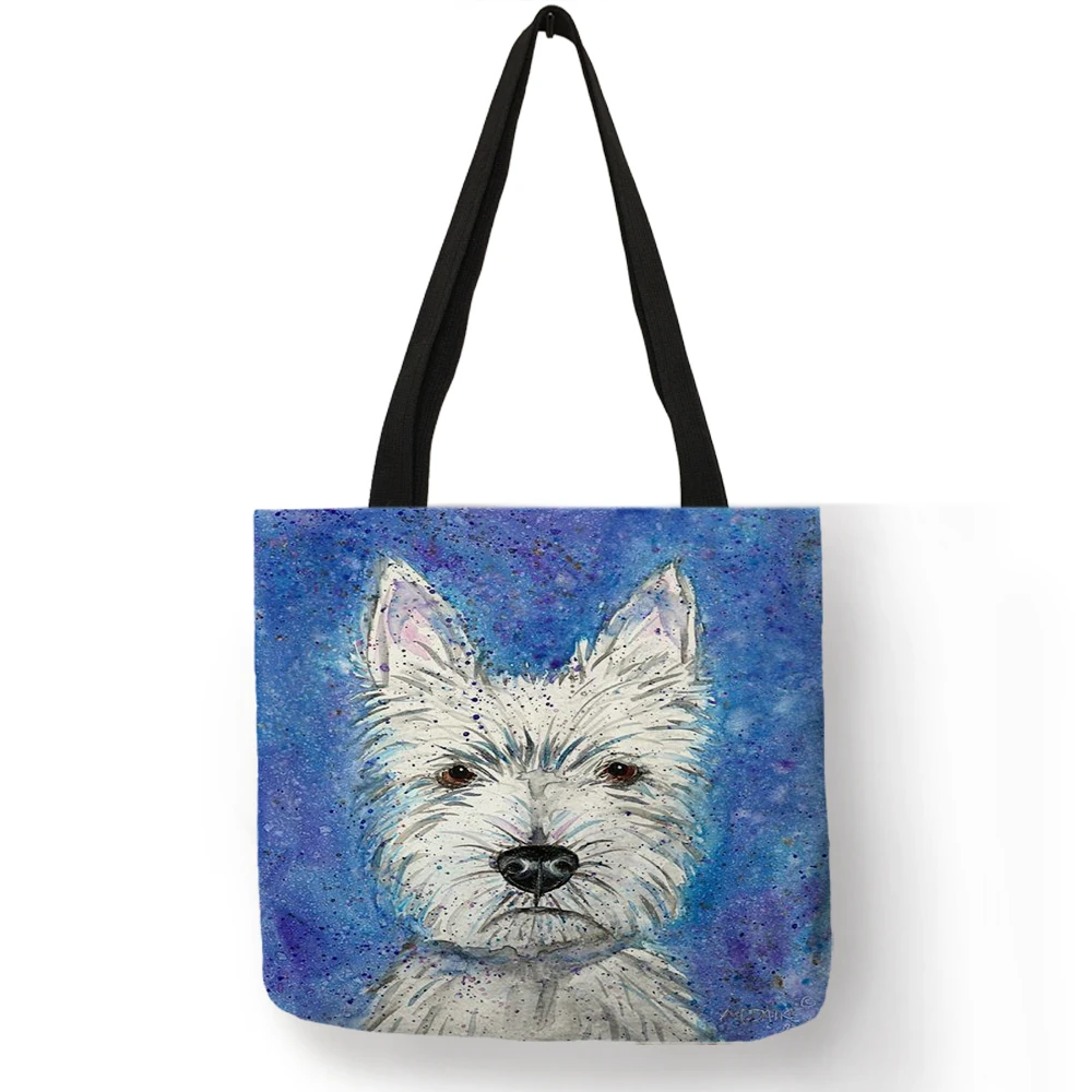 Large Capacity Eco Linen Totes Unique Design Westie Dog Painting Square Handbag for Women Shopping Shopper Bags