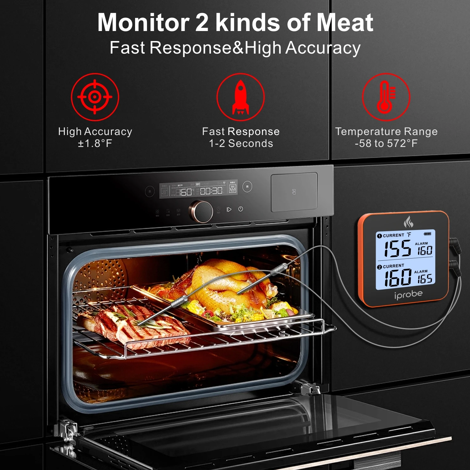 iprobe Digital 2 Probes Meat Thermometer Kitchen Wireless Cooking BBQ Food BT for Gas Grill Charcoal Kamado