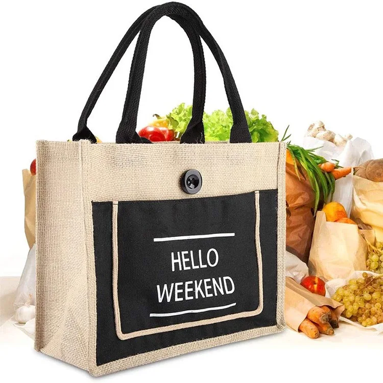 Wedding Custom name Eco Reusable Carrying Bags Women Beach Handbag Tote Laminated Grocery Promotional Shopping Handbags Jute Bag