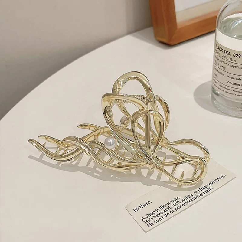 Metal Ribbon Pearl Hair Clips Women Large Bow Plate Hair Shark Clip Hair Accessories