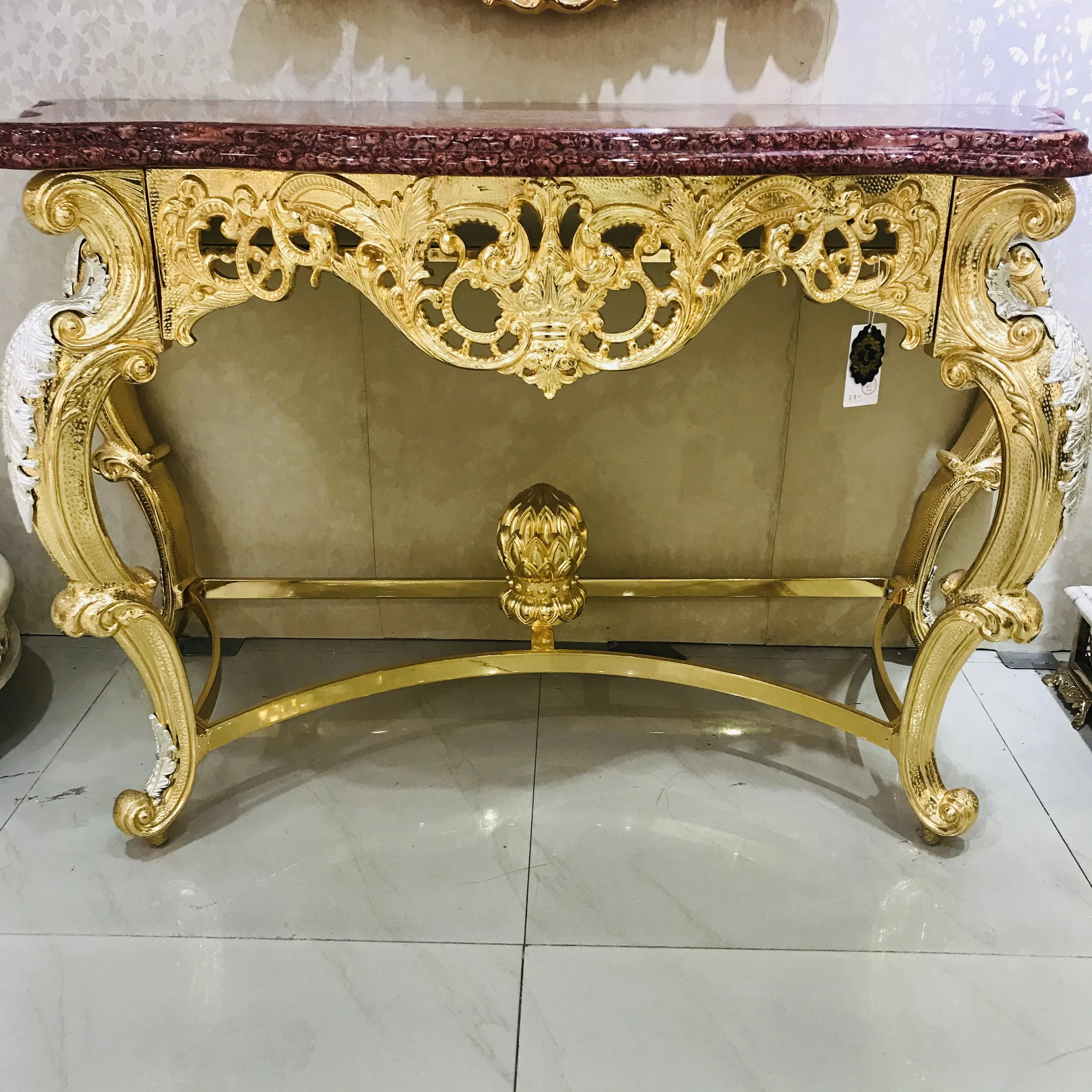 Deluxe European Style Palace Style Antique Marble Surface Gold Copper Console Hollway Hotel Lobby Matching Wall Mirror