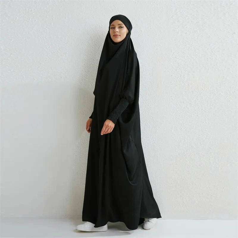 Dubai modest Muslim khimar hijab Abaya Hooded Smocking pleated Sleeve One-piece Prayer Dress Women Jilbab Islamic Clothing