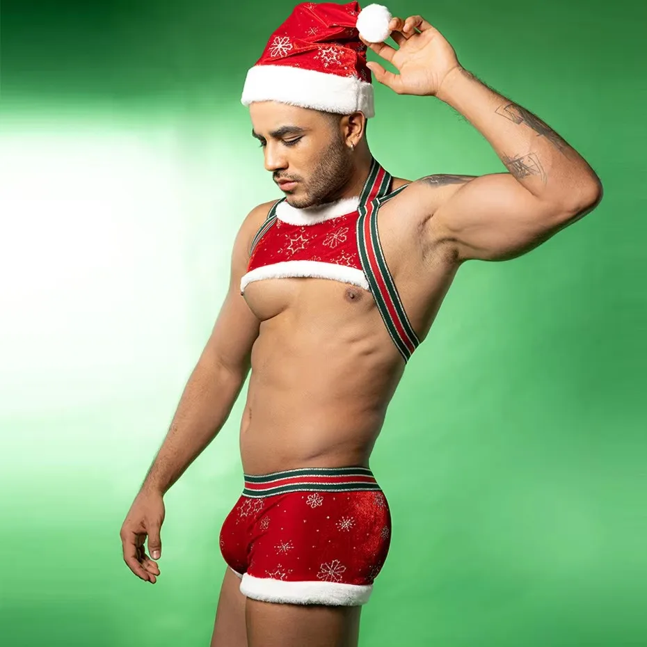 HODEANG Sexy Red Harness Pants Bodysuit Set Men Christmas Cosplay Lingerie