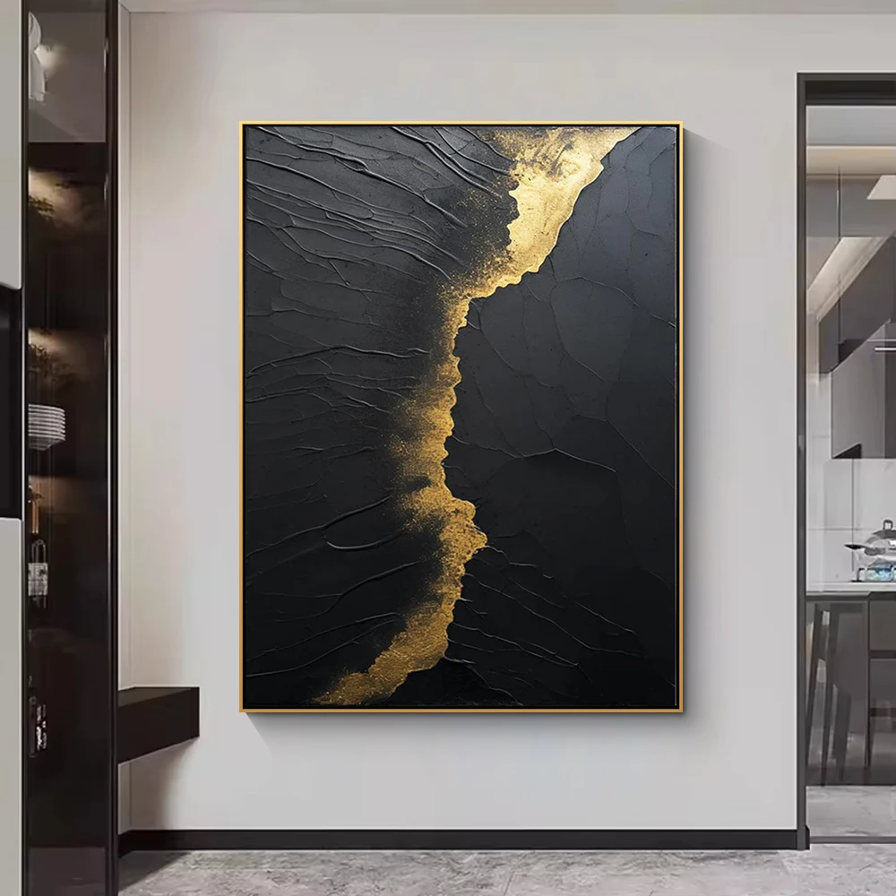 Home Decor Hand Painted Abstract Oil Painting Black Gold Thick Texture Artwork Handmade Acrylic Wall Art