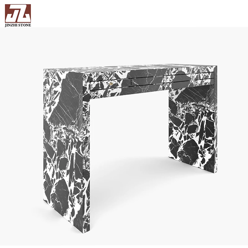 Modern Black Console Table with Travertine Handcrafted Bench Casual Fashion Design featuring Marble Table Top