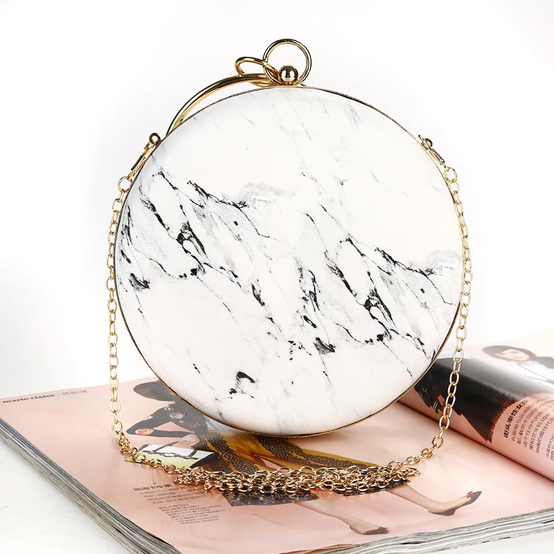 
New Deign Marble Vein Fashion PU Leather Round Shape Evening Clutch Bag Metal Frame Clutch Bags Wedding Party Purse 