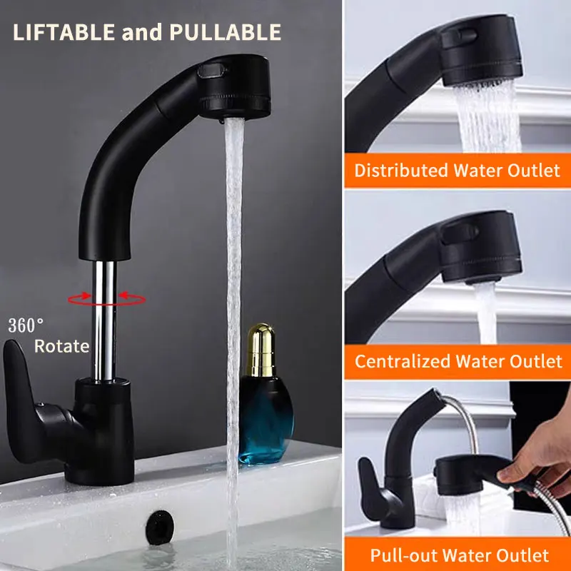 Height Adjustable Expandable Single Handle Basin Kitchen Sink Faucet With Pull Out Sprayer