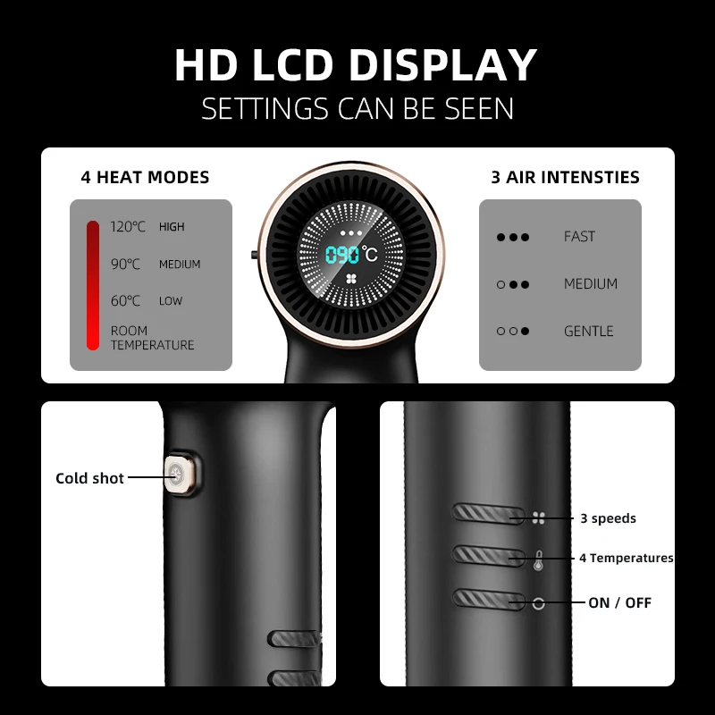 LCD display BLDC 110000 RPM Brushless Motor hair blow dryer for Fast Drying Negative ion Hair dryer With diffuser and nozzle