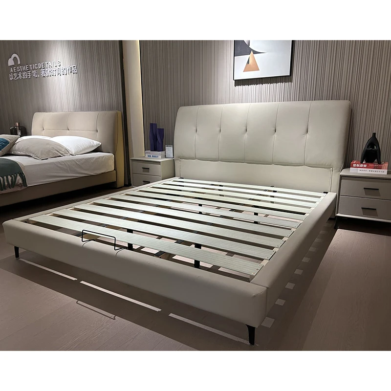 Factory Special Discount Promotion European Brief Style Upholstery Genuine Leather King Queen Double Size Bed